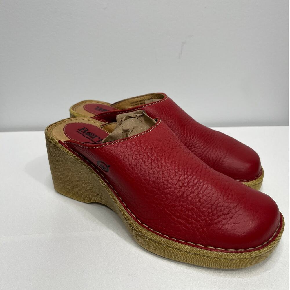 Born Red Leather Mules with Tan Sole